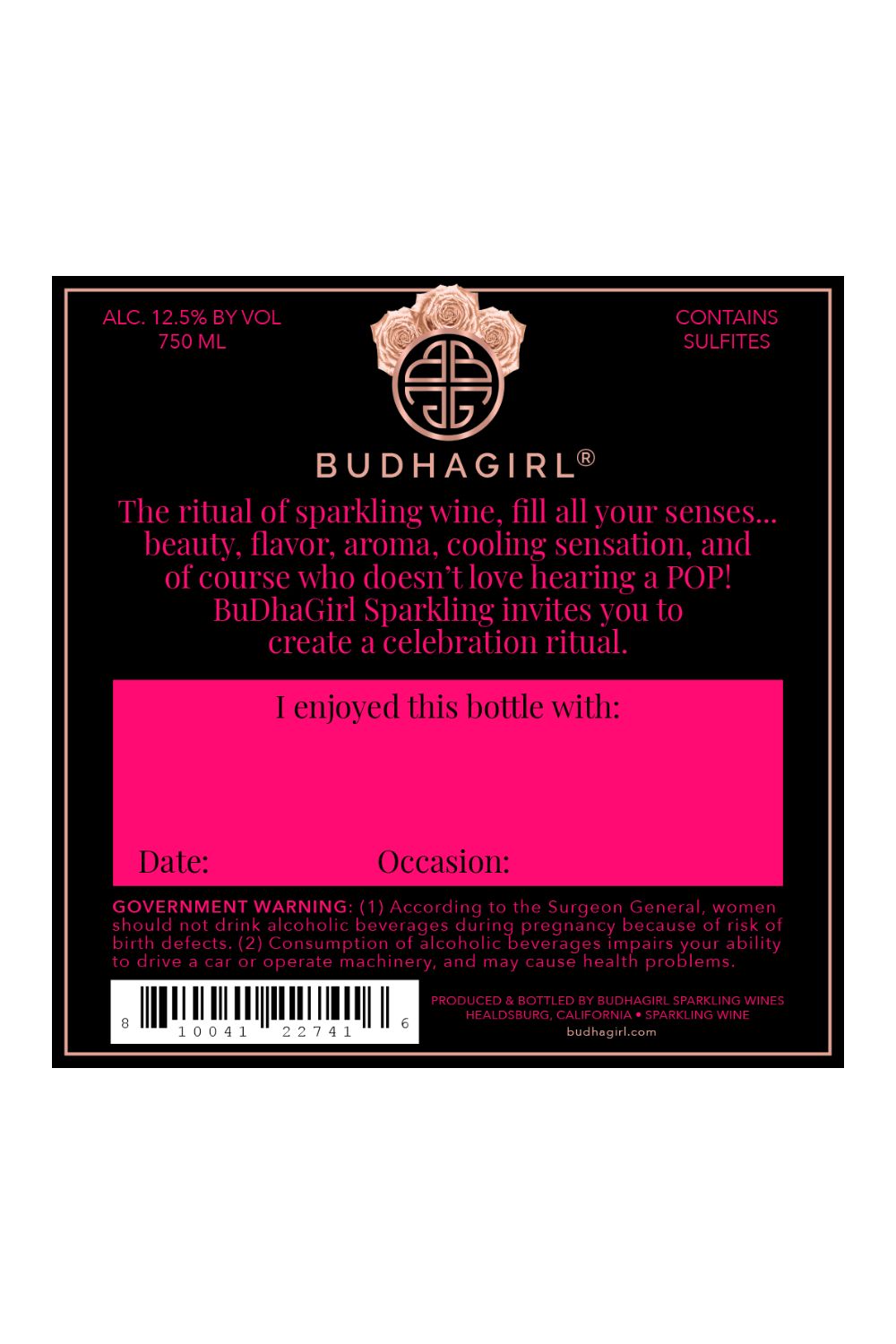 Sparkling Rosé Back Label | BuDhaGirl Sparkling Wines