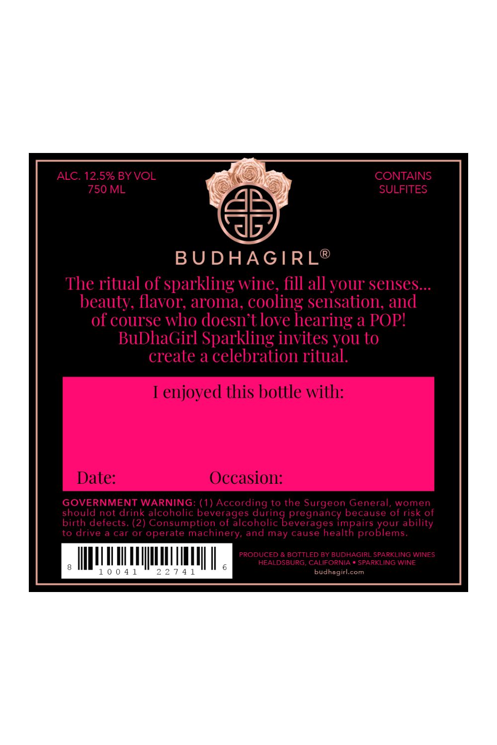 Sparkling Rosé Back Label | BuDhaGirl Sparkling Wines