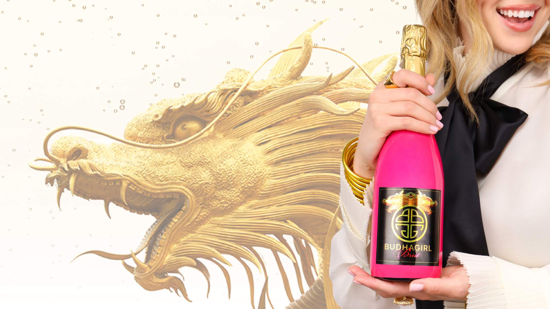 Model Wearing Gold All Weather Bangle Bracelets While Holding a Sparkling Brut Bottle | BuDhaGirl Sparkling Wines